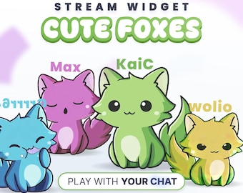 Puede incluir: Un gráfico digital titulado STREAM WIDGET CUTE FOXES que muestra cuatro zorros de dibujos animados en azul, morado, verde y amarillo. Los zorros tienen ojos grandes y orejas pequeñas. El texto incluye Max, KaiC, wolio y PLAY WITH YOUR CHAT.