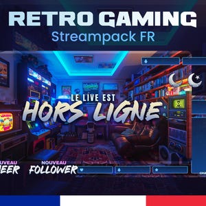 Pode incluir: Uma sobreposição de stream Twitch com tema de jogos retro com um esquema de cores azul e roxo. A sobreposição apresenta uma sala escura com fliperamas, uma tela grande exibindo "LE LIVE EST HORS LIGNE" e uma caixa de bate-papo. A sobreposição também inclui uma seção "NEW CHEER" e "NEW FOLLOWER".