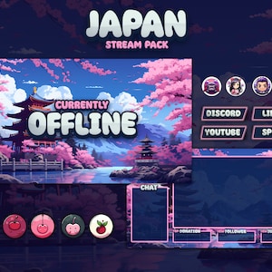 Pack de diffusion Japon | Animé | superposition, écran, panneaux, alertes, badges | Conception Twitch