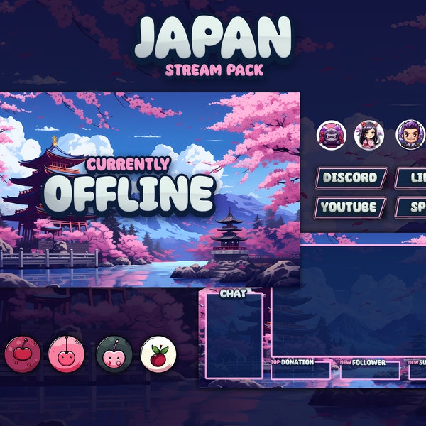 Pack de diffusion Japon | Animé | superposition, écran, panneaux, alertes, badges | Conception Twitch