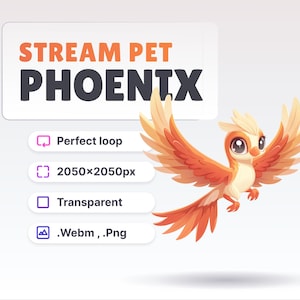 Puede incluir: Ave fénix de dibujos animados animada con plumas naranja y amarillas, volando con las alas extendidas. El pájaro tiene ojos grandes y un pico pequeño. La imagen es una animación en bucle, 2050 x 2050 píxeles, y está disponible en formatos .Webm y .Png.