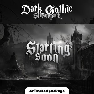 May include: Black and white animated stream pack with a gothic theme. The image shows a spooky graveyard with a gate and a sign that reads "Starting Soon".