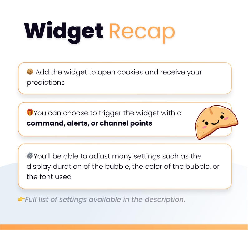 May include: A graphic with the title "Widget Recap" and three bullet points describing widget features. The first point mentions opening cookies for predictions. The second point discusses triggering the widget with commands, alerts, or channel points. The third point covers settings adjustments.