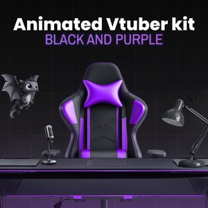 Puede incluir: Una silla de juego negra y morada con una almohada morada y un escritorio negro con un micrófono y una lámpara de escritorio. El texto "Animated Vtuber kit BLACK AND PURPLE" está en la parte superior de la imagen.