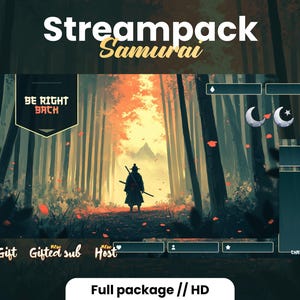 Kit de superposition de flux Samurai Stream basse fidélité | Pack de diffusion animé | Japon, épique, samouraï | Jaune et vert | Scènes, badges, transition,... OBS