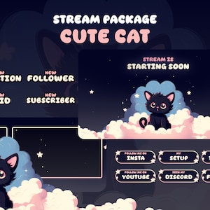 CUTE CAT Animated Stream package - Stream overlay - Twitch design - Black and purple - Night - Dark theme - For OBS and Streamlabs