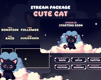 CUTE CAT Animated Stream package - Stream overlay - Twitch design - Black and purple - Night - Dark theme - For OBS and Streamlabs