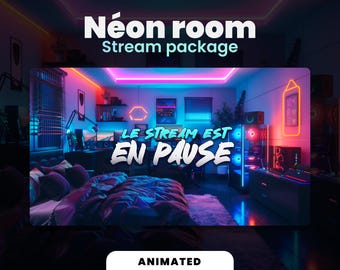 Peut inclure: Une chambre au néon avec un lit, un bureau et un ordinateur. La pièce est décorée de néons et le texte "Le stream est en pause" est affiché sur le mur.