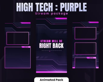 May include: Animated stream package with a purple and black color scheme. The package includes a screen with the text "STREAM WILL BE RIGHT BACK" and two chat boxes.