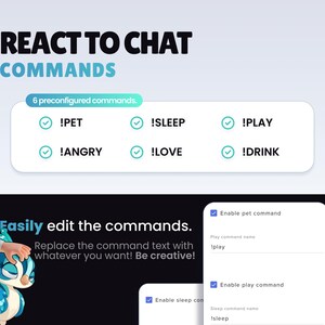 Puede incluir: Gr&aacute;fico digital con el texto "REACT TO CHAT COMMANDS" y seis comandos preconfigurados: !PET, !SLEEP, !PLAY, !ANGRY, !LOVE y !DRINK. La imagen tambi&eacute;n incluye instrucciones sobre c&oacute;mo editar los comandos.