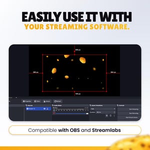 K&ouml;nnte beinhalten: Ein Screenshot einer Streaming-Software mit dem Text "EASILY USE IT WITH YOUR STREAMING SOFTWARE." Die Softwareoberfl&auml;che zeigt einen schwarzen Bildschirm mit gelben Formen. Der Text "Compatible with OBS and Streamlabs" steht unten.