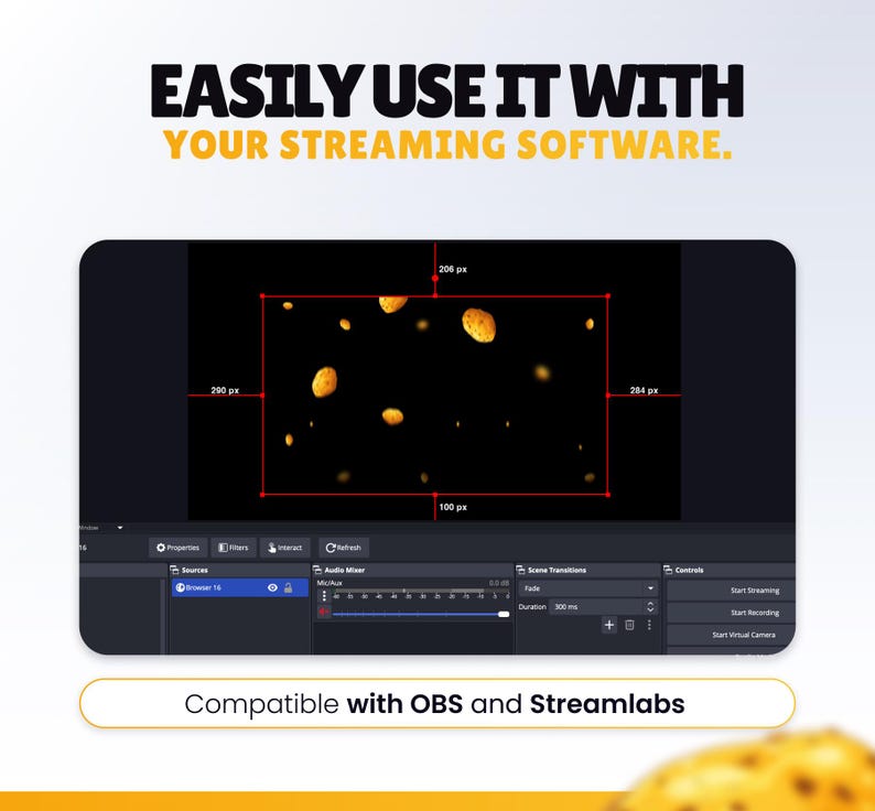 K&ouml;nnte beinhalten: Ein Screenshot einer Streaming-Software mit dem Text "EASILY USE IT WITH YOUR STREAMING SOFTWARE." Die Softwareoberfl&auml;che zeigt einen schwarzen Bildschirm mit gelben Formen. Der Text "Compatible with OBS and Streamlabs" steht unten.