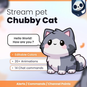 Può includere: Una grafica digitale che mostra un gatto grigio e bianco con guance rosa. Il testo include Stream pet Chubby Cat, Hello World! How are you?, Editable Colors, 20+ Animations, 14 Chat commands e Alerts / Commands / Channel Points.