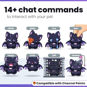 May include: A digital graphic featuring 14+ chat commands to interact with your pet, displaying a cute purple bat character in various states like drinking, eating pizza, crying, being patted, angry, performing a trick, in jail, and showering.