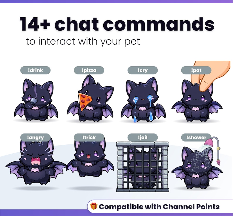 May include: A digital graphic featuring 14+ chat commands to interact with your pet, displaying a cute purple bat character in various states like drinking, eating pizza, crying, being patted, angry, performing a trick, in jail, and showering.