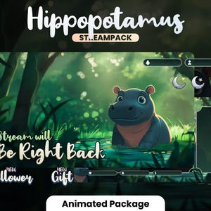 May include: Animated Twitch stream package with a cartoon hippopotamus in a green jungle setting. The text "Stream will be right back" is displayed in a white box. The package includes animated alerts for new followers and gifts.