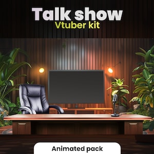 May include: A dark wood desk with a black leather chair, a microphone, and a TV screen. The desk is set against a backdrop of wood paneling and lush green plants. The text "Talk show Vtuber kit Animated pack" is displayed at the top and bottom of the image.