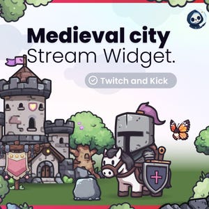 Op de afbeelding: Een digitale afbeelding met een middeleeuwse stad stream widget, een stenen kasteel, een ridder op een wit paard en een vlinder. De tekst luidt Medieval city Stream Widget en Twitch and Kick. Inclusief groene bomen en een rotsblok.