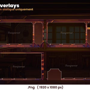 May include: Four overlay designs for a video game stream, featuring a tavern interior with a bar, stools, and a wooden wall. The overlays are labeled "Transparent" and are designed to be used with a streaming software.