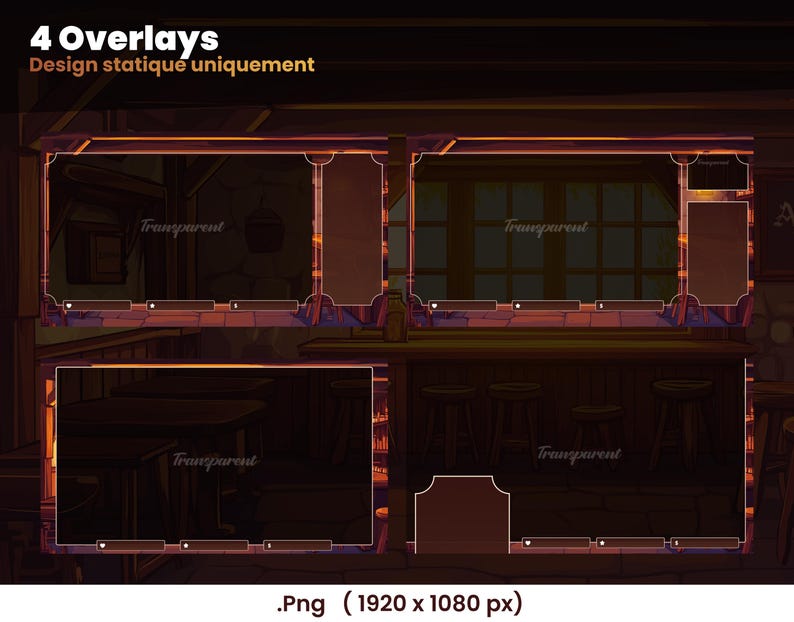 May include: Four overlay designs for a video game stream, featuring a tavern interior with a bar, stools, and a wooden wall. The overlays are labeled "Transparent" and are designed to be used with a streaming software.