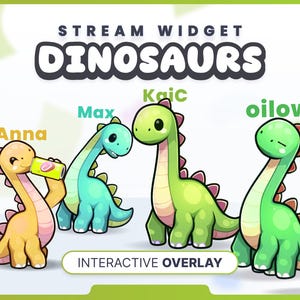 May include: A digital graphic featuring four cartoon dinosaurs in yellow, teal, light green, and bright green. The text reads STREAM WIDGET DINOSAURS and INTERACTIVE OVERLAY. Names Anna, Max, Kaic, and oilow appear above each dinosaur character.