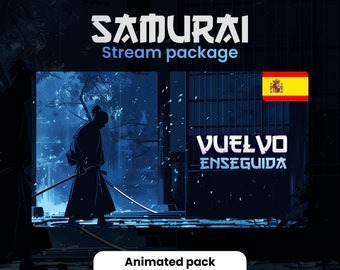 ESPAGNOL TWITCH OVERLAYS pack - Dark Samourai - Blue and Black - Animated - Stream package - Overlay kit - Spanish - Low-Fi midnight Japan