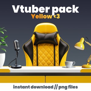 May include: A yellow gaming chair with black accents and a black pillow. A microphone, a lamp, and a cup are on a yellow desk in front of the chair. The text "Vtuber pack Yellow<3" is at the top of the image. The text "instant download // png files" is at the bottom of the image.