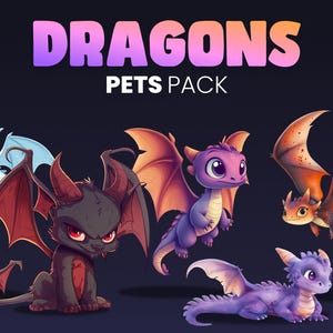 May include: A set of five cartoon dragon pets. The dragons are in various colors, including purple, orange, black, and white. The dragons have wings and horns. The text "DRAGONS PETS PACK" is at the top of the image.