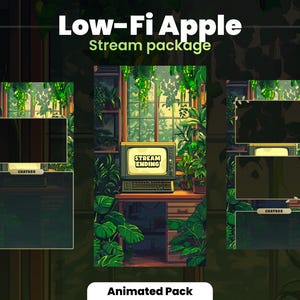 Puede incluir: Un paquete de transmisión animado verde y marrón con el texto "Low-Fi Apple" y "Stream package" en blanco. El paquete incluye un cuadro de chat, una pantalla para mostrar un videojuego y una pantalla para mostrar un chat. El paquete también incluye un televisor de estilo retro con el texto "Stream Ending" en la pantalla.