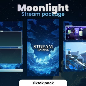 Può includere: Un pacchetto di streaming Twitch blu e nero con uno sfondo di cielo notturno e il testo "Moonlight Stream package" e "Stream Ending".