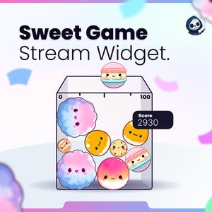 Peut inclure: Graphique numérique avec le texte "Sweet Game Stream Widget". L'image présente une boîte avec des desserts de style dessin animé, dont des macarons et des biscuits. Un score de 2930 est affiché. Le fond a un dégradé de rose, de bleu et de violet.