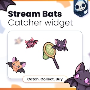 May include: A digital graphic titled Stream Bats Catcher widget featuring cartoon bats in purple and orange, a yellow butterfly net, and a skull icon. The text reads Stream Bats Catcher widget and Catch, Collect, Buy. The design includes multiple bat characters.