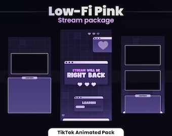 May include: A pink and purple animated TikTok stream package with a grid background. The text "Low-Fi Pink" and "Stream package" is at the top. The text "STREAM WILL BE RIGHT BACK" is in a browser window. The text "LOADING" is in a browser window. The text "CHATBOX" is in a chat box.