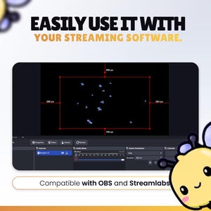 May include: An image promoting streaming software compatibility. The text reads "EASILY USE IT WITH YOUR STREAMING SOFTWARE." A screenshot shows a black screen with blue shapes and red measurement lines. The text "Compatible with OBS and Streamlabs" is also present.