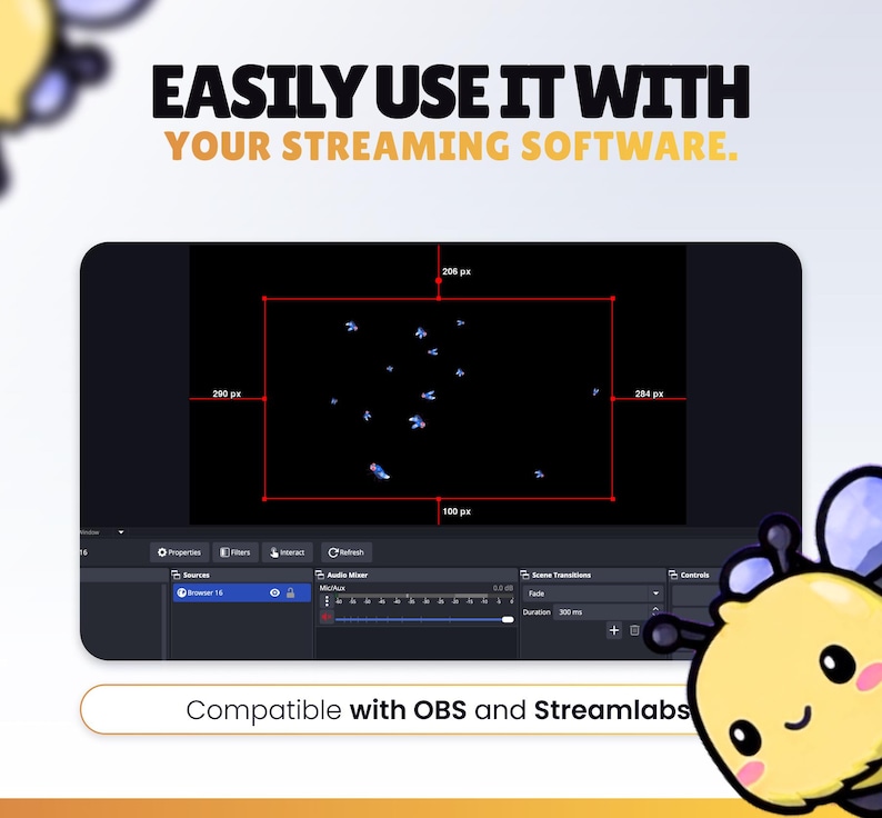 May include: An image promoting streaming software compatibility. The text reads "EASILY USE IT WITH YOUR STREAMING SOFTWARE." A screenshot shows a black screen with blue shapes and red measurement lines. The text "Compatible with OBS and Streamlabs" is also present.