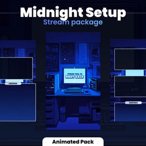 Könnte beinhalten: Eine digitale Illustration eines "Midnight Setup" Stream-Pakets. Das Design zeigt ein Computer-Setup mit einem Monitor, der "Stream will be right back" anzeigt. Zusätzliche Elemente sind eine Chatbox und animierter Pack-Text, alles in einem dunkelblauen Farbschema.