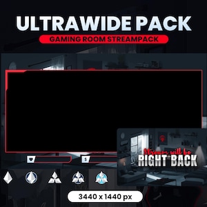 Peut inclure: Un pack de stream de salle de jeux ultra-large avec un écran noir et des accents rouges. Le pack comprend un écran "Stream will be RIGHT BACK" et divers icônes de médias sociaux. La résolution est de 3440 x 1440 px.