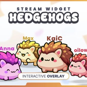 May include: A digital graphic titled STREAM WIDGET HEDGEHOGS featuring four cartoon hedgehogs in purple, yellow, brown, and red colors. Each hedgehog is labeled with the names Anna, Max, KaiC, and oilow. The text INTERACTIVE OVERLAY is centered below.