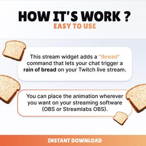 Pode incluir: An&uacute;ncio de produto digital com o texto "HOW IT'S WORK? EASY TO USE". Descreve um widget de transmiss&atilde;o que adiciona um comando "!bread" para uma anima&ccedil;&atilde;o de p&atilde;o no Twitch. Inclui gr&aacute;ficos de fatias de p&atilde;o.