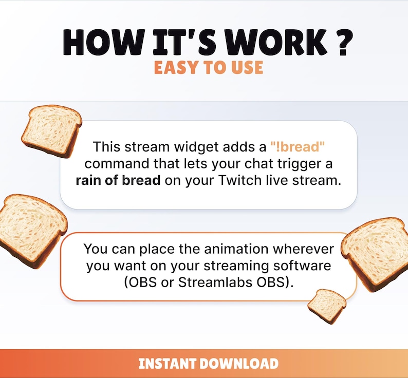 Pode incluir: An&uacute;ncio de produto digital com o texto "HOW IT'S WORK? EASY TO USE". Descreve um widget de transmiss&atilde;o que adiciona um comando "!bread" para uma anima&ccedil;&atilde;o de p&atilde;o no Twitch. Inclui gr&aacute;ficos de fatias de p&atilde;o.