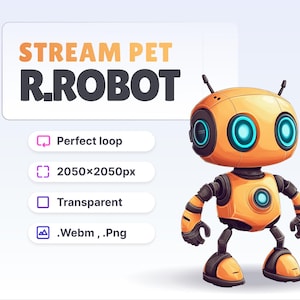 May include: A cartoon robot with a yellow body, black arms and legs, and blue eyes. The robot is animated and looping. The image includes the text "STREAM PET R_ROBOT".