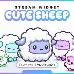 May include: A graphic featuring cartoon sheep in various colors, including blue, purple, and pink, with white fluffy wool. The text "STREAM WIDGET" and "CUTE SHEEP" are displayed above the sheep, with "PLAY WITH YOUR CHAT" below.
