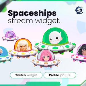 Puede incluir: Imagen digital con naves espaciales de dibujos animados y personajes. El texto "Spaceships stream widget" está en la parte superior. Los botones en la parte inferior dicen "Twitch widget" y "Profile picture".