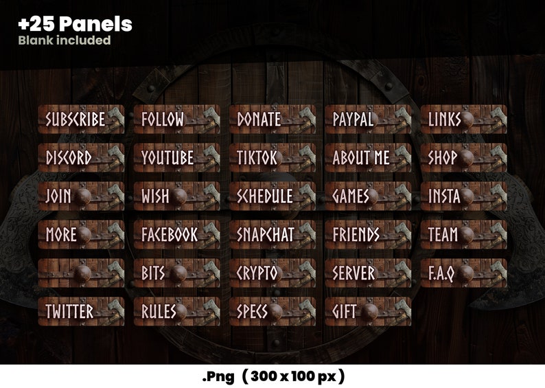K&ouml;nnte beinhalten: Ein Set aus 25 Twitch-Panels aus Holz mit einem Wikinger-Thema. Die Panels zeigen verschiedene Textbeschriftungen wie "Abonnieren", "Folgen", "Spenden", "Discord", "YouTube", "TikTok", "&Uuml;ber mich", "Shop", "Beitreten", "W&uuml;nschen", "Zeitplan", "Spiele", "Insta", "Mehr", "Facebook", "Snapchat", "Freunde", "Team", "Bits", "Crypto", "Server", "FAQ", "Twitter", "Regeln", "Spezifikationen" und "Geschenk".