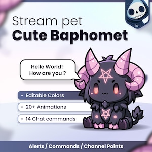 Può includere: Una grafica digitale di una creatura Baphomet viola scuro e rosa con grandi corna e segni di pentagramma. Il testo recita Stream pet Cute Baphomet, Hello World! How are you?, Editable Colors, 20+ Animations, 14 Chat commands e Alerts / Commands / Channel Points.