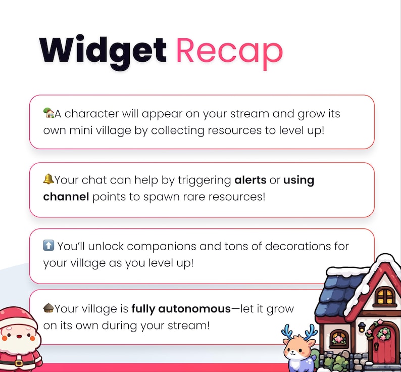 May include: A graphic titled "Widget Recap" with four points about a mini village that grows during a stream. The image features a cartoon Santa, a reindeer, and a house with a snow-covered roof. The text describes the village's features.