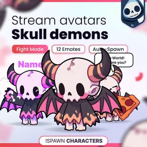 May include: Digital graphic featuring Stream avatars Skull demons with text labels including Fight Mode, 12 Emotes, and Auto-Spawn. Three cartoon skull-headed creatures with horns and wings are displayed, one holding a slice of pepperoni pizza.