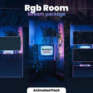 May include: A Twitch stream package with a retro aesthetic. The package includes a chat box, a screen for displaying the streamer's game, and a screen for displaying the streamer's face. The package is animated and features a neon pink and blue color scheme. The text "Rgb Room" and "Stream package" is displayed at the top of the image. The text "Animated Pack" is displayed at the bottom of the image.