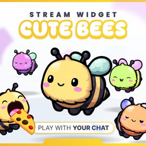 Può includere: Immagine promozionale per un widget di streaming con api dei cartoni animati. L'immagine include il testo "Stream Widget" e "Cute Bees". Le api sono gialle, rosa, verdi e arancioni con strisce e ali nere. Un'ape sta mangiando la pizza. È incluso anche il testo "Play with your chat".