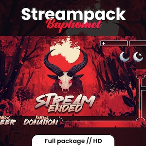 Superpositions Twitch Baphomet | Streampack gothique sombre | Animé | Noir et rouge | Foncé | Satan | Scènes, badges, transition | Forfait complet